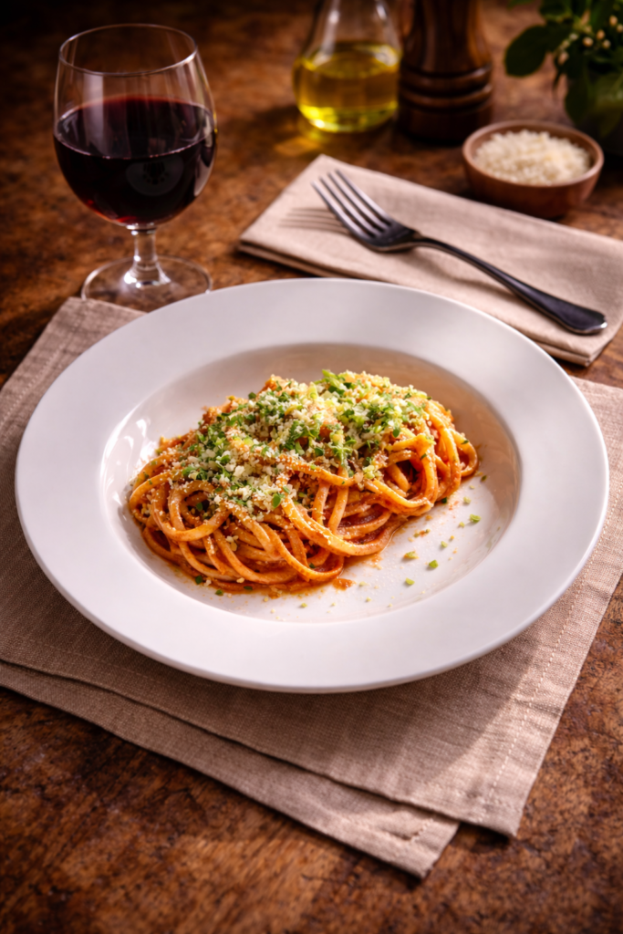 Linguine med rostad tomat, buffelmozzarella, basilika & parmesan