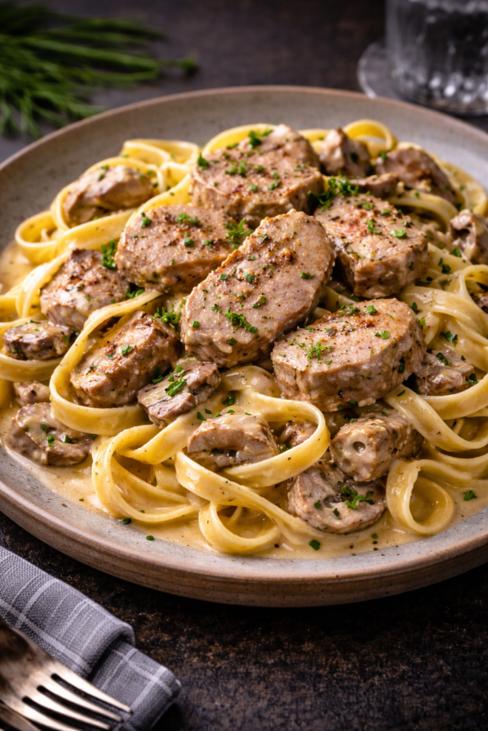 Pasta med vitlöksdoftande fläskfilé i senapsås