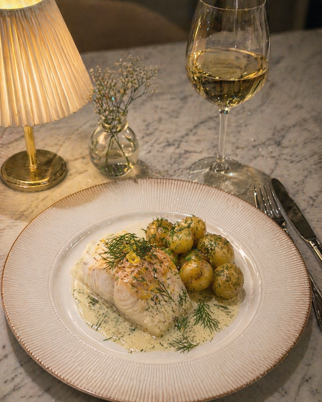Torskrygg med citron, dill och smörslungad färskpotatis