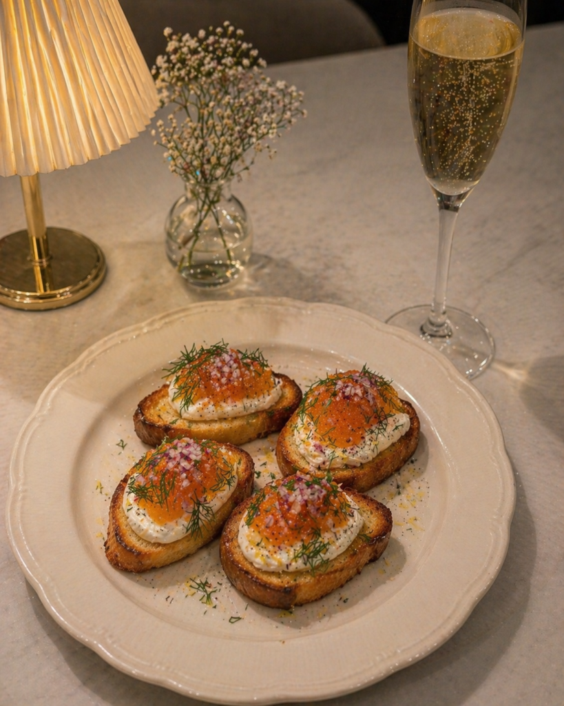 Löjromstoast med brynt smör, crème fraîche & rödlök