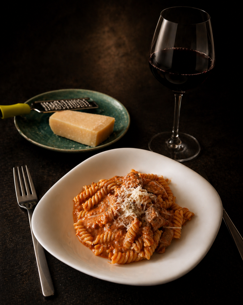 Krämig pasta med fläskfilé, rödvin och parmesan