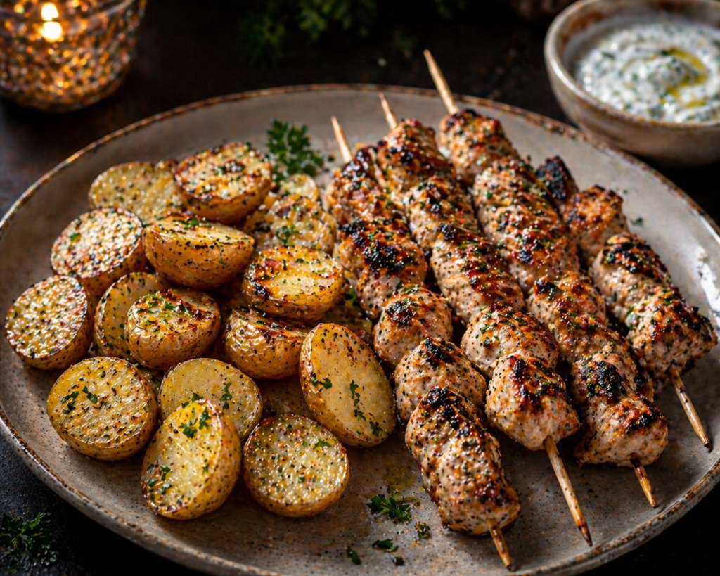 Souvlaki med grekisk potatis och tzatziki