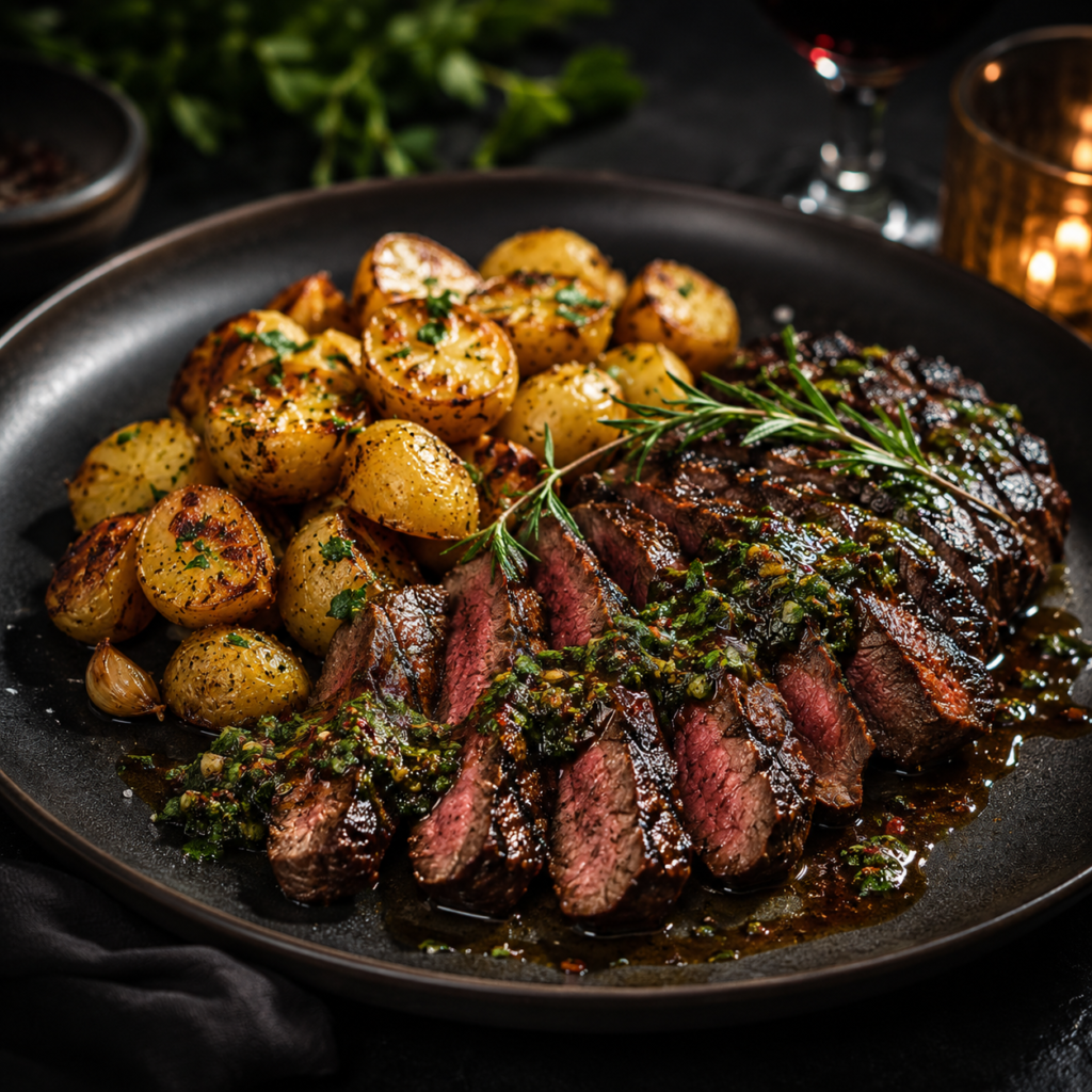 Grillad flankstek med rostad vitlökspotatis, chimichurri & rödvinssky