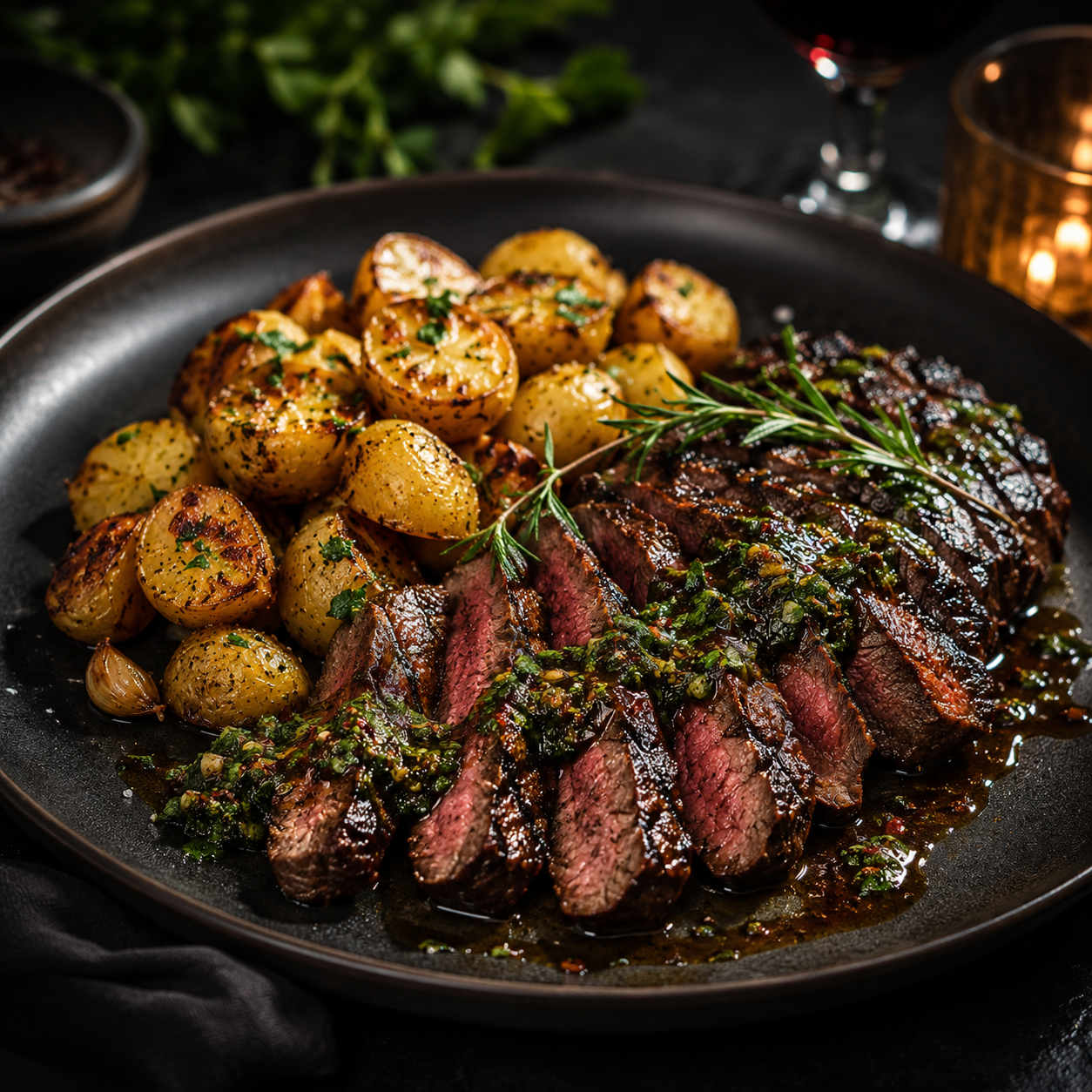 Grillad flankstek med rostad vitlökspotatis, chimichurri & rödvinssky