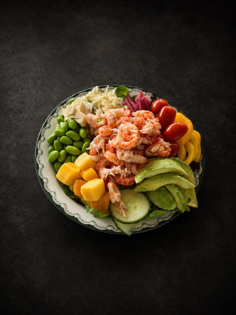 Poke Bowl med kräftstjärtar, mango, avokado & sriracha-majonnäs