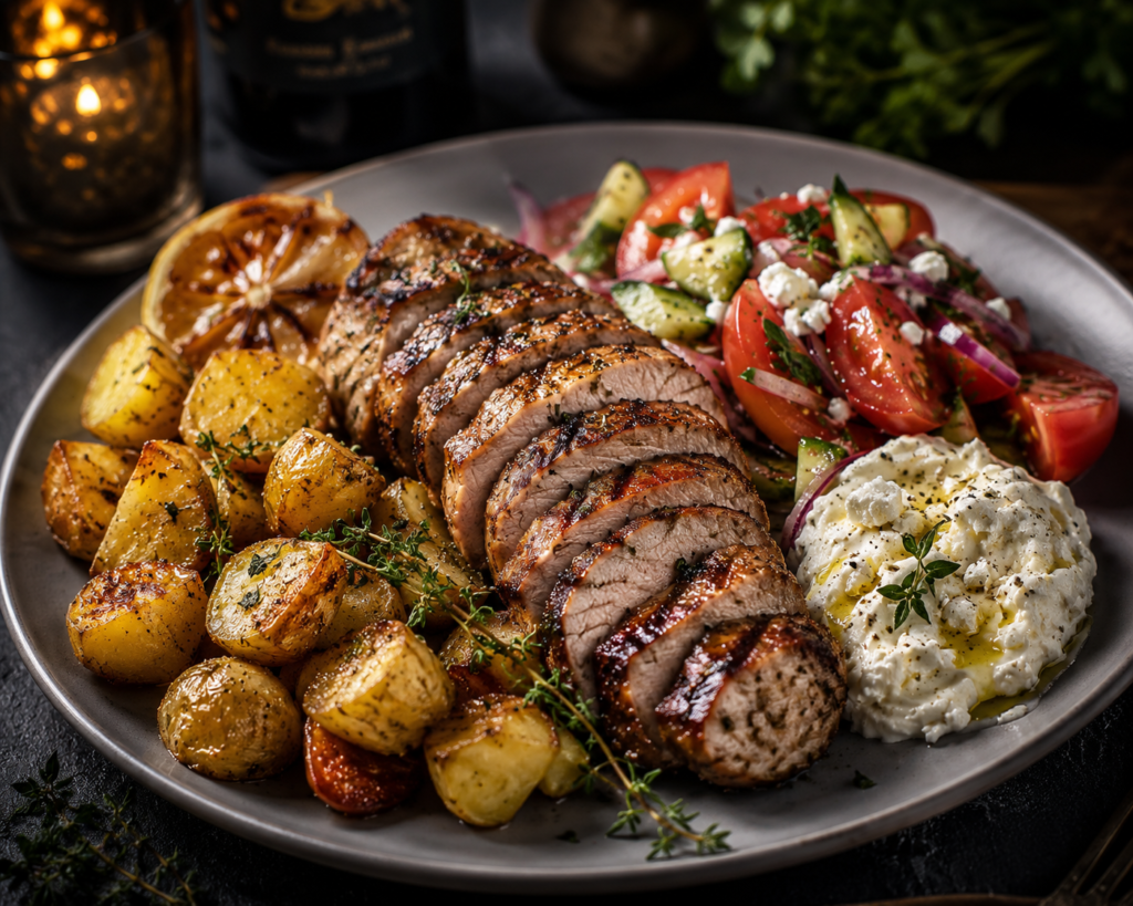 Grillad fläskfilé med citronpotatis, tomatsallad & fetaostkräm