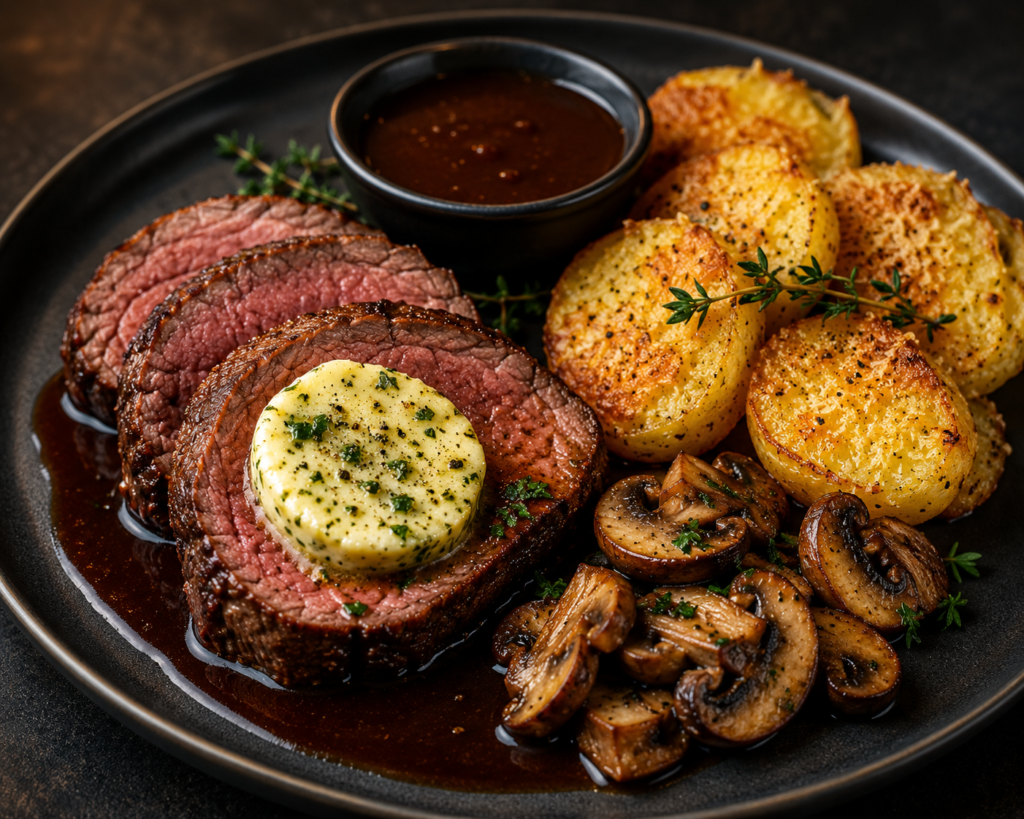 Oxfilé med vitlökssmör, parmesanpotatis, smörstekta champinjoner & rödvinssky