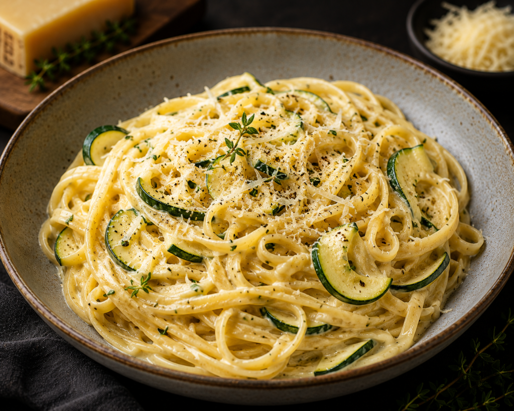 Krämig linguine med zucchini, timjan, vitlök & prästost
