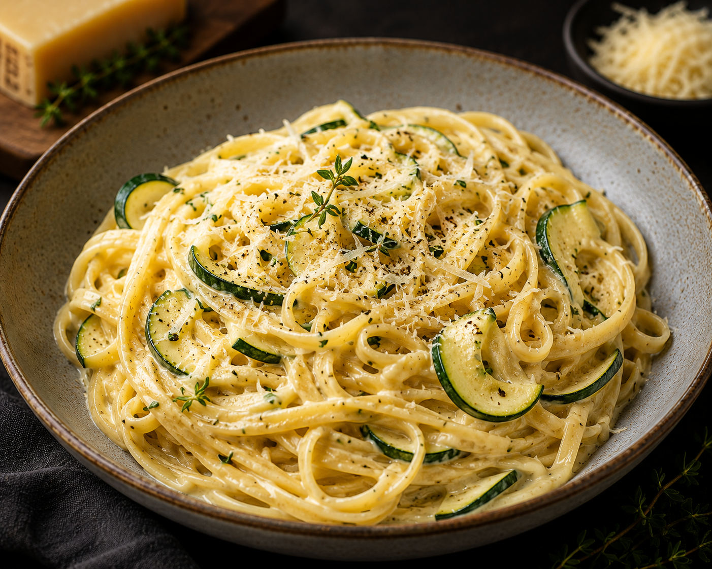 Krämig linguine med zucchini, timjan, vitlök & prästost