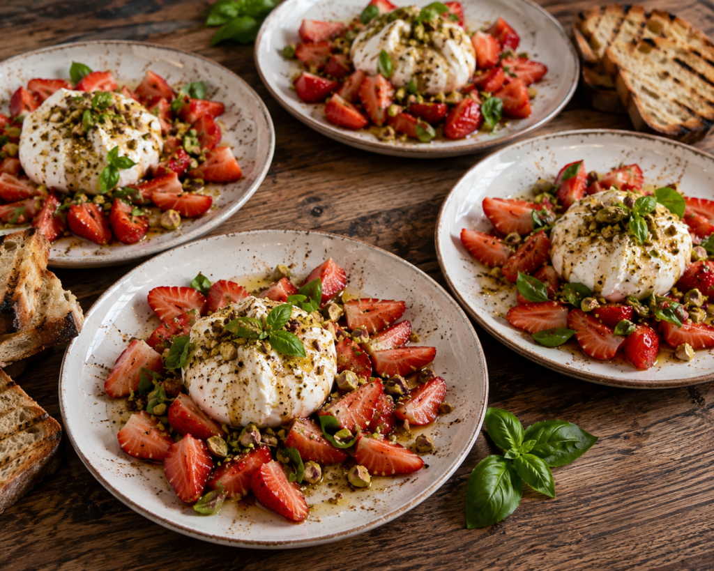 Burrata med jordgubbar, pistagenötter och örter