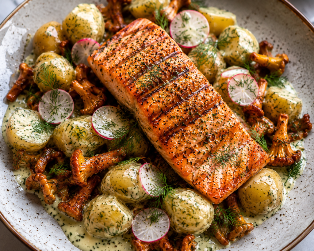 Grillad regnbågslax med krondillsglaserad nypotatis & kantareller