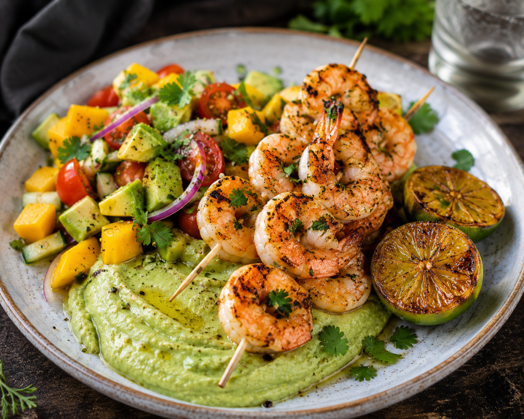 Grillade citron- & vitlöksmarinerade räkspett med mangosallad, avokadokräm & grillad lime