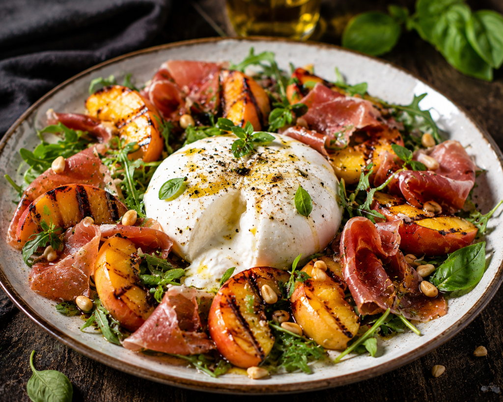 Burrata med grillade persikor, prosciutto & honungsvinägrett