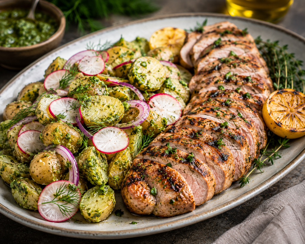 Grillad citronmarinerad fläskfilé med dillpestorostad färskpotatis, rädisor & rödlök