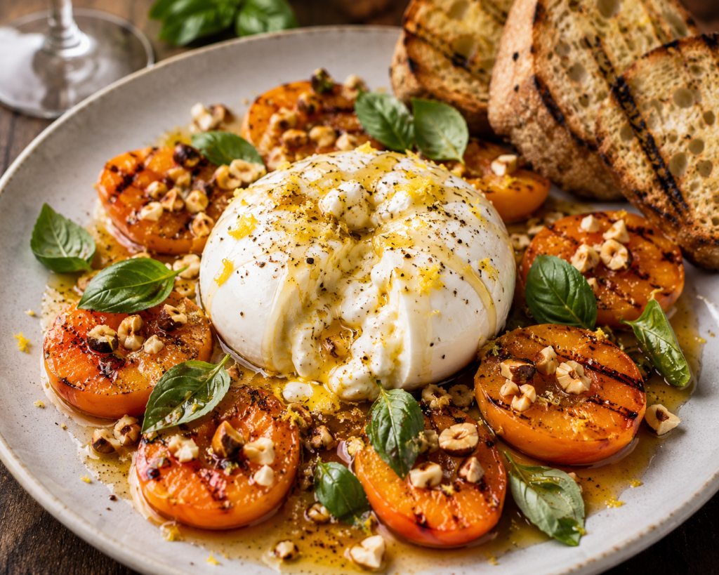 Burrata med grillade aprikoser, brynt citronsmör & rostade hasselnötter