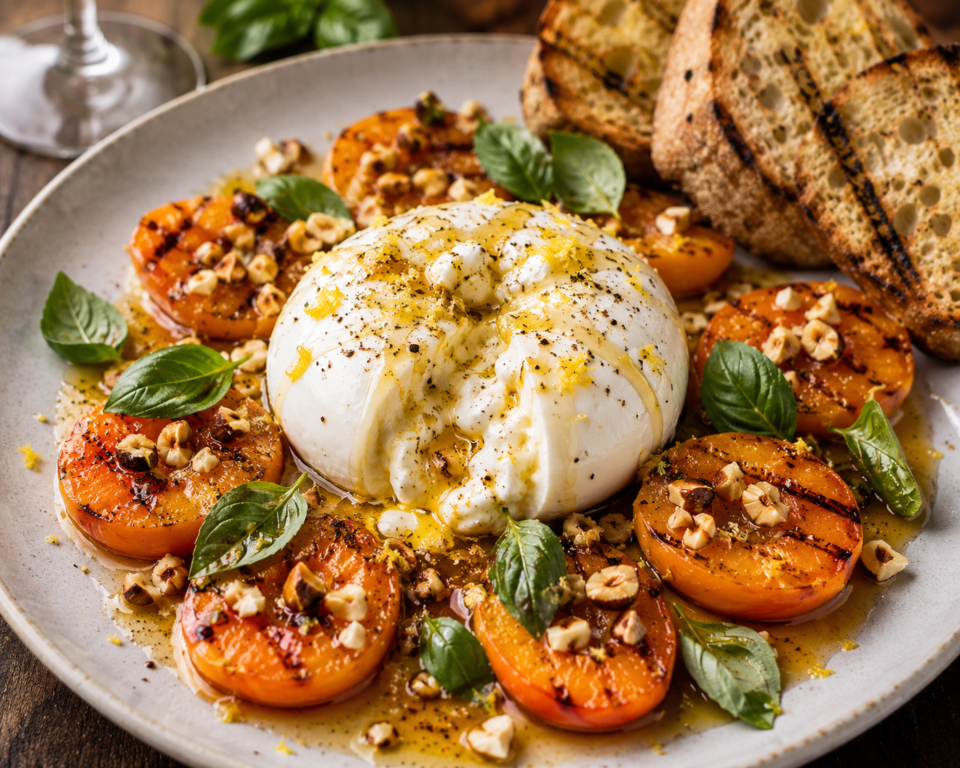 Burrata med grillade aprikoser, brynt citronsmör & rostade hasselnötter