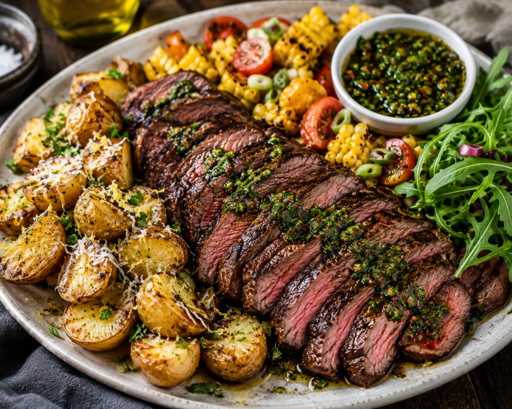 Grillad flankstek med parmesanrostad färskpotatis, grillad majs & chimichurri