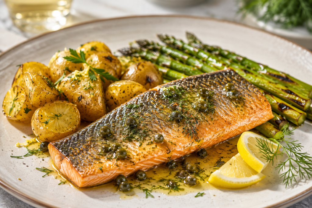 Grillad röding med grillad sparris, citronrostad färskpotatis & brynt kaprissmör