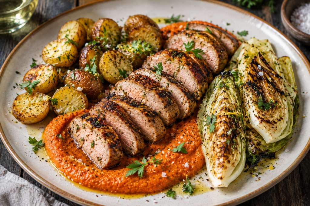 Grillad fläskytterfilé med rostad paprikakräm, grillad spetskål & örtrostad färskpotatis