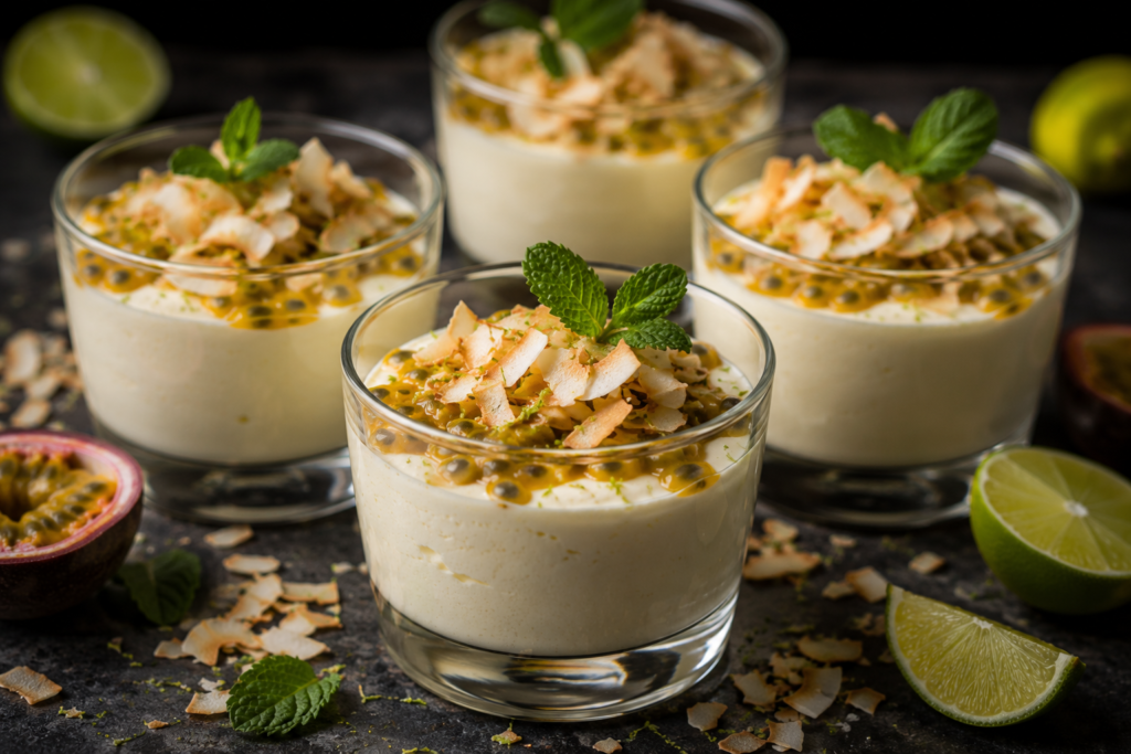 Vit chokladmousse med rostad kokos, passionsfrukt och lime