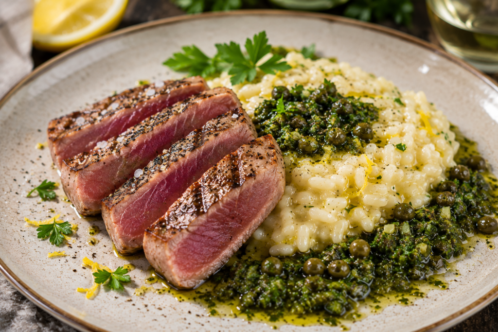 Grillad tonfisk med citronrisotto och salsa verde
