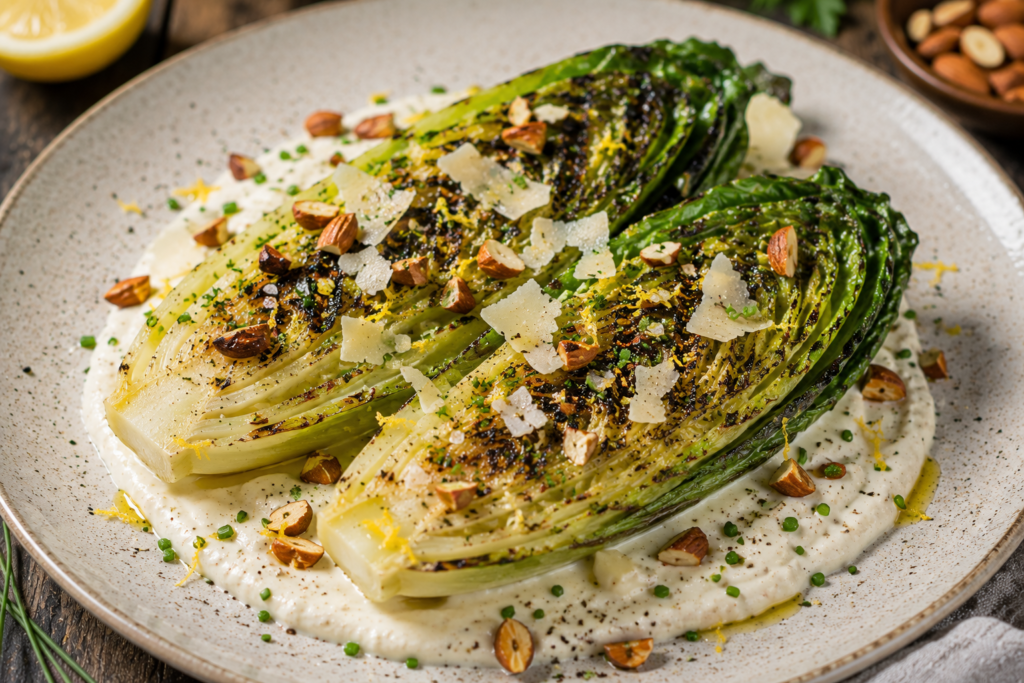 Grillad romansallad med parmesancrème, rökt mandel och citron