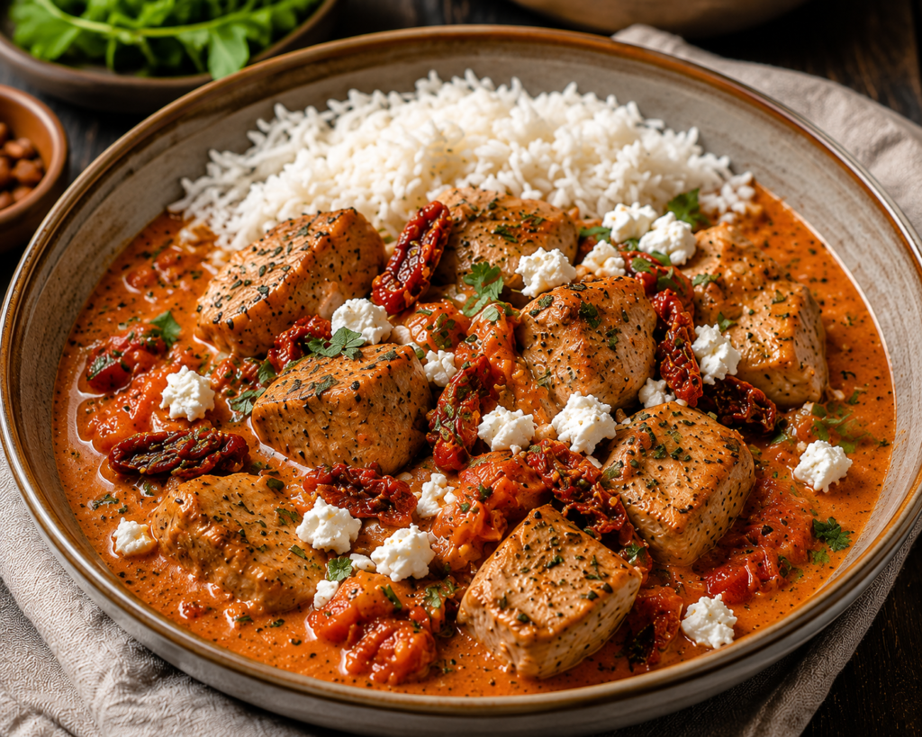 Medelhavsgryta med fläskfilé, soltorkade tomater & fetaost