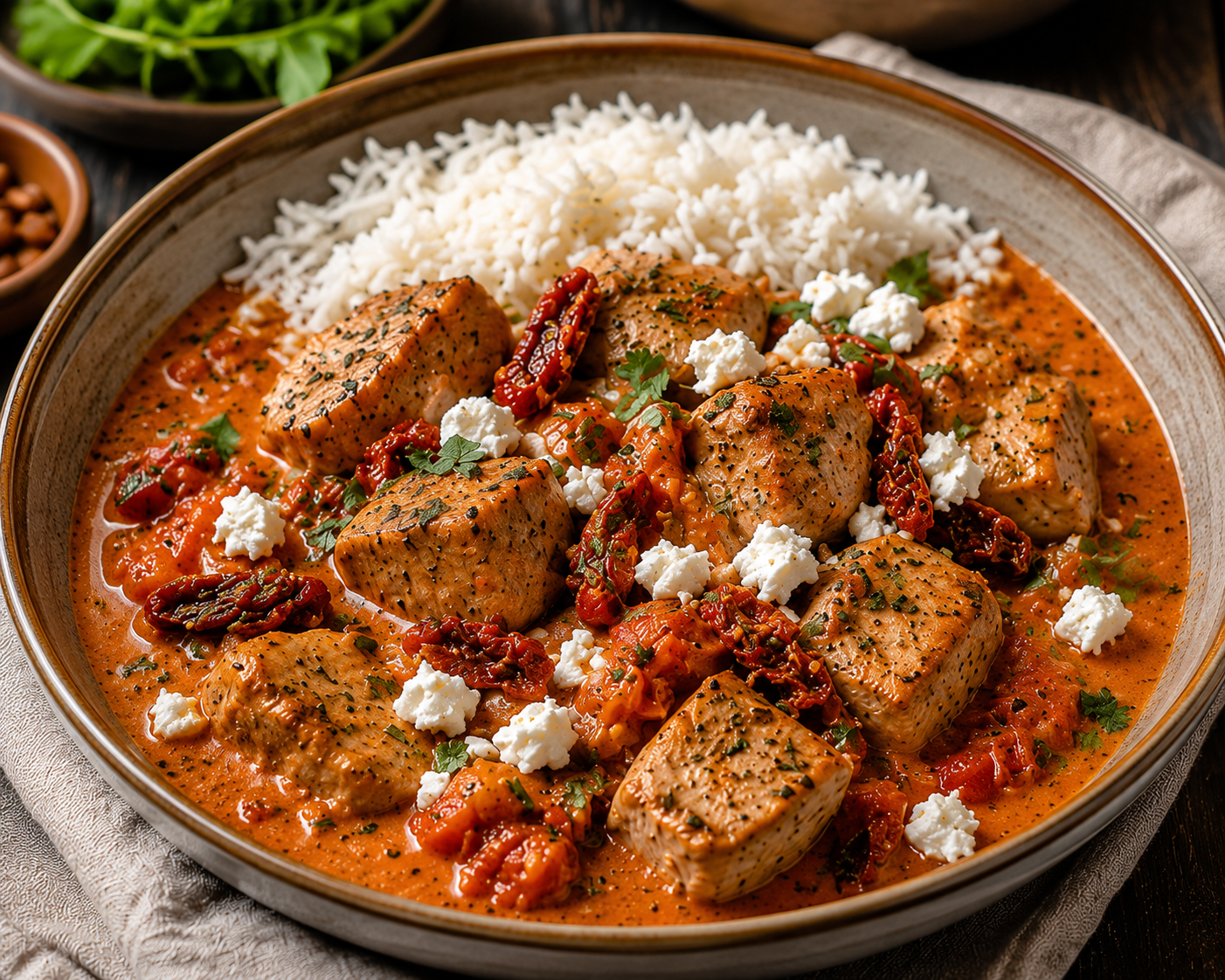 Medelhavsgryta med fläskfilé, soltorkade tomater & fetaost