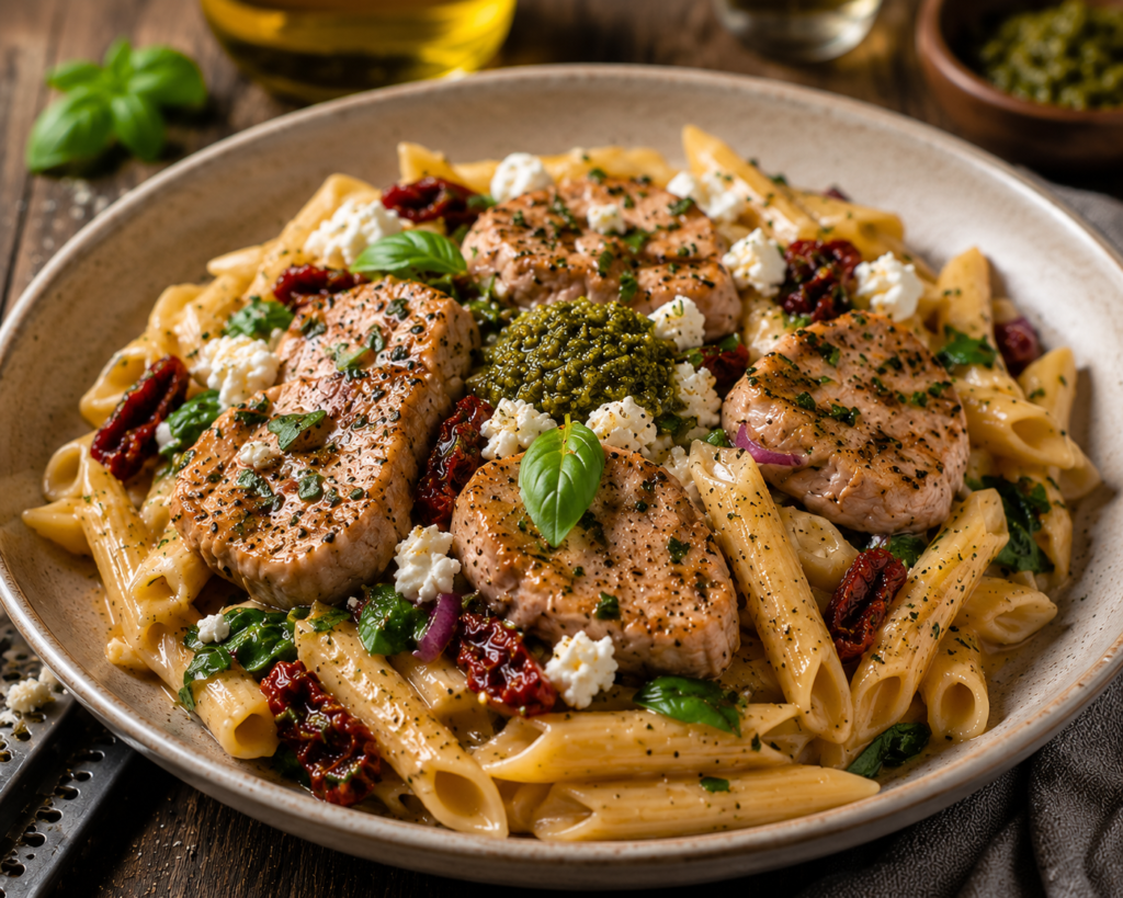 Toscansk fläskfilépasta med pesto & fetaost