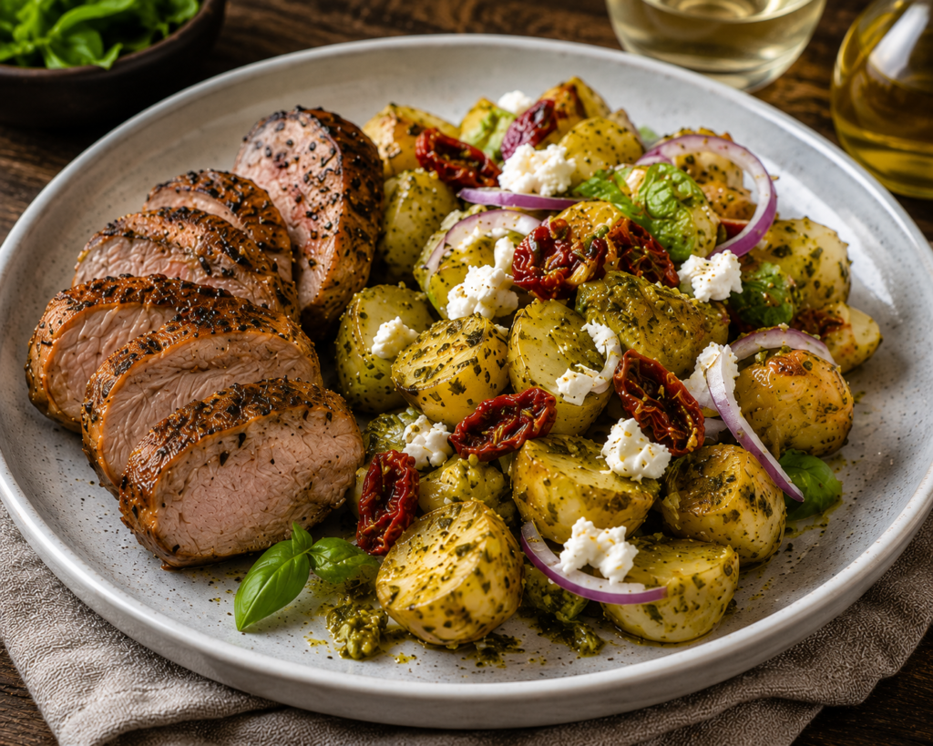 Grillad fläskfilé med pestorostad potatis & fetaost