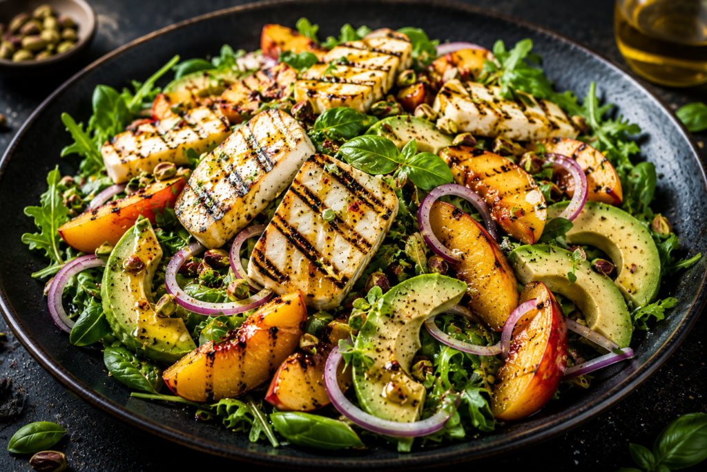 Grillad halloumisallad med nektariner, avokado & honungsvinägrett
