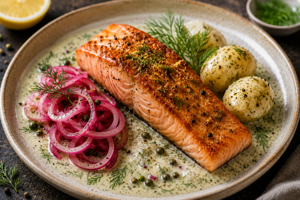 Smörstekt lax med dillstuvad färskpotatis & picklad rödlök