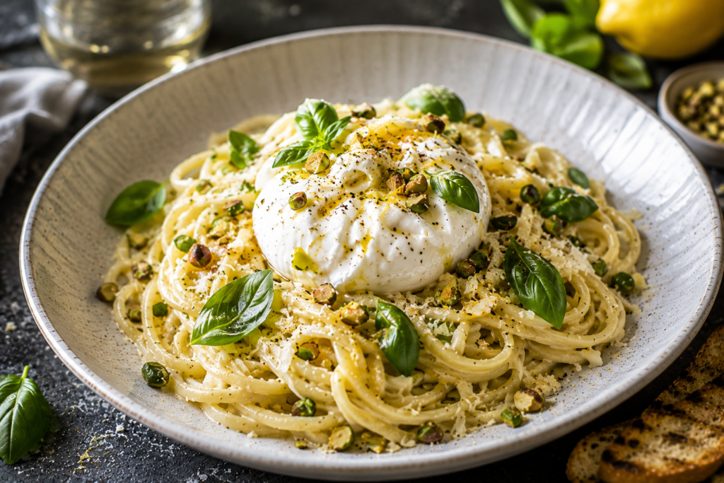 Krämig citronpasta med burrata, pistagenötter & basilika
