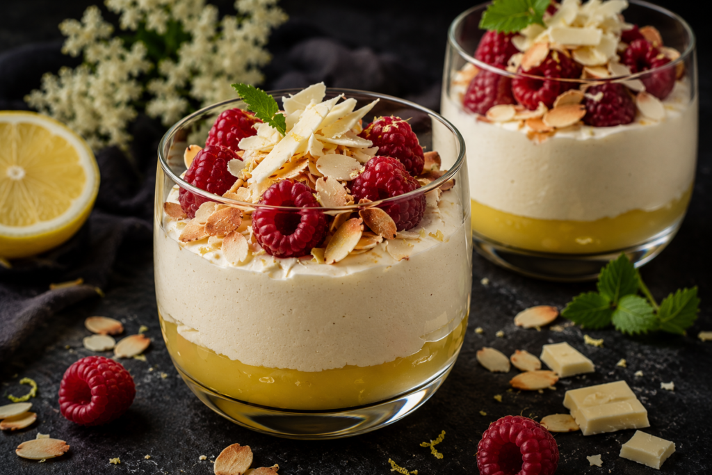 Flädermousse med hemgjord lemon curd, hallon, mandelflarn & vit choklad