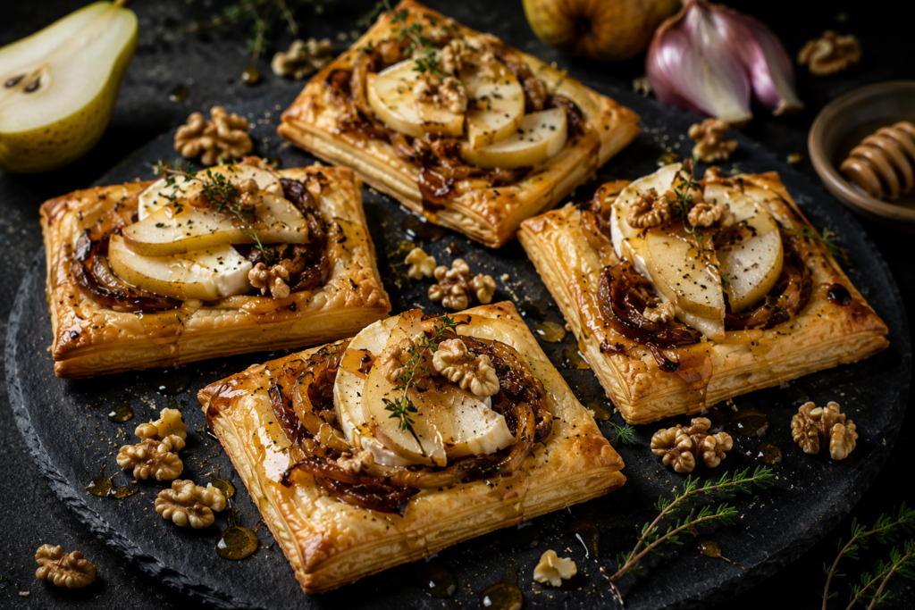 Frasiga smördegsflarn med chèvre, päron, karamelliserad schalottenlök, honung & rostade valnötter