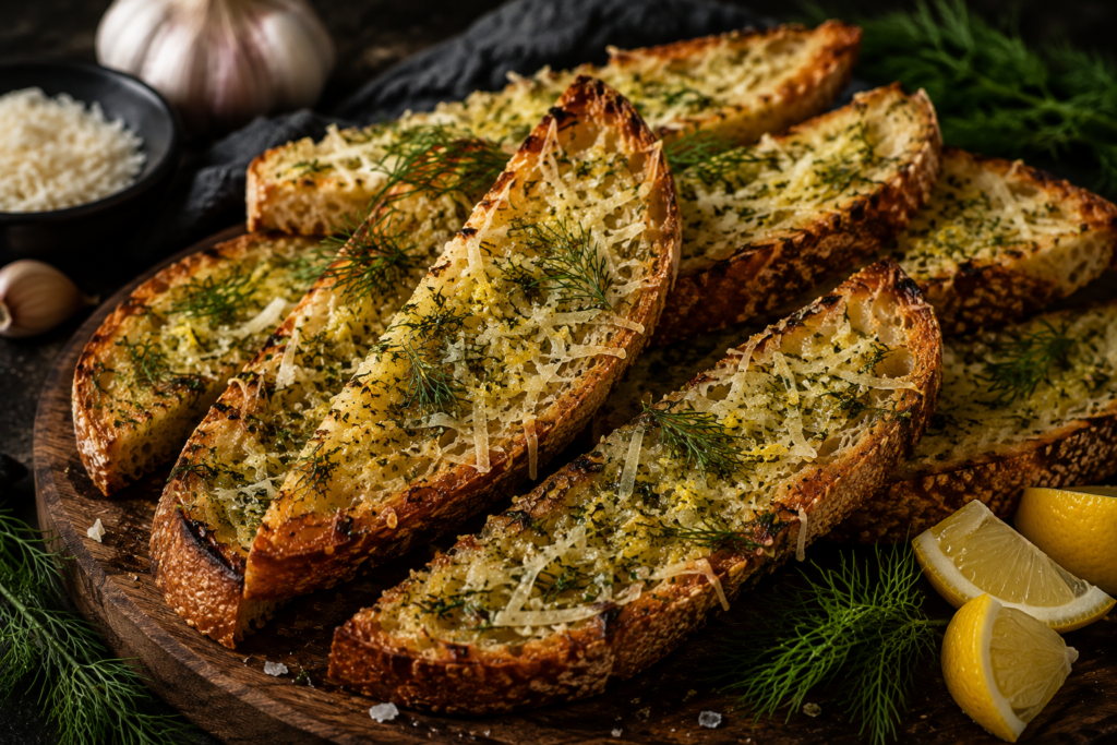 Varma vitlöks- & dillbröd med brynt citronsmör och parmesan