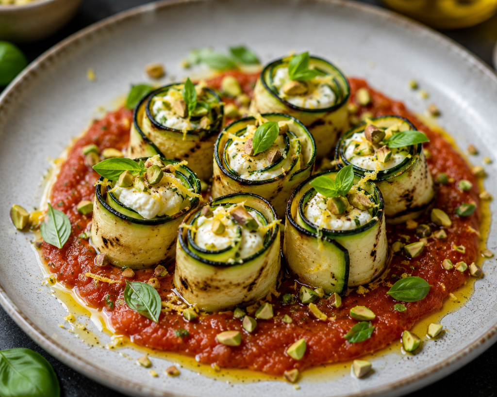 Zucchinirullar med citronricotta, rostad tomatcrème, basilika & pistage