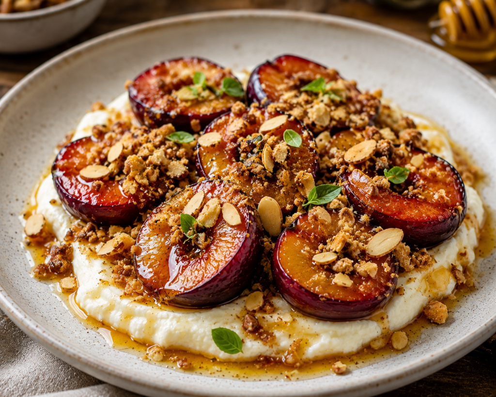 Ugnsbakade plommon med mandelcrumble, vaniljmascarpone & honung