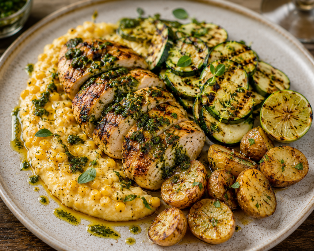 Grillad kyckling med rostad majscrème, grillad zucchini, lime, örtolja & krispig färskpotatis