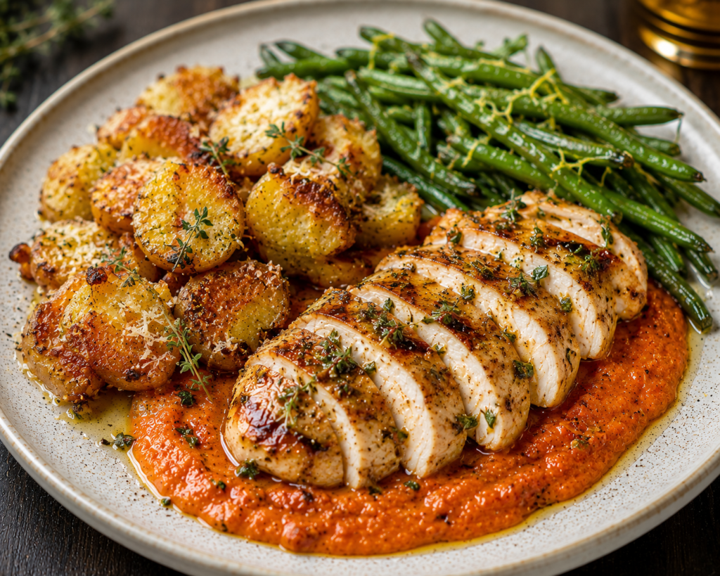 Örtstekt kyckling med rostad paprikasås, smörstekta haricots verts & krispig parmesanpotatis