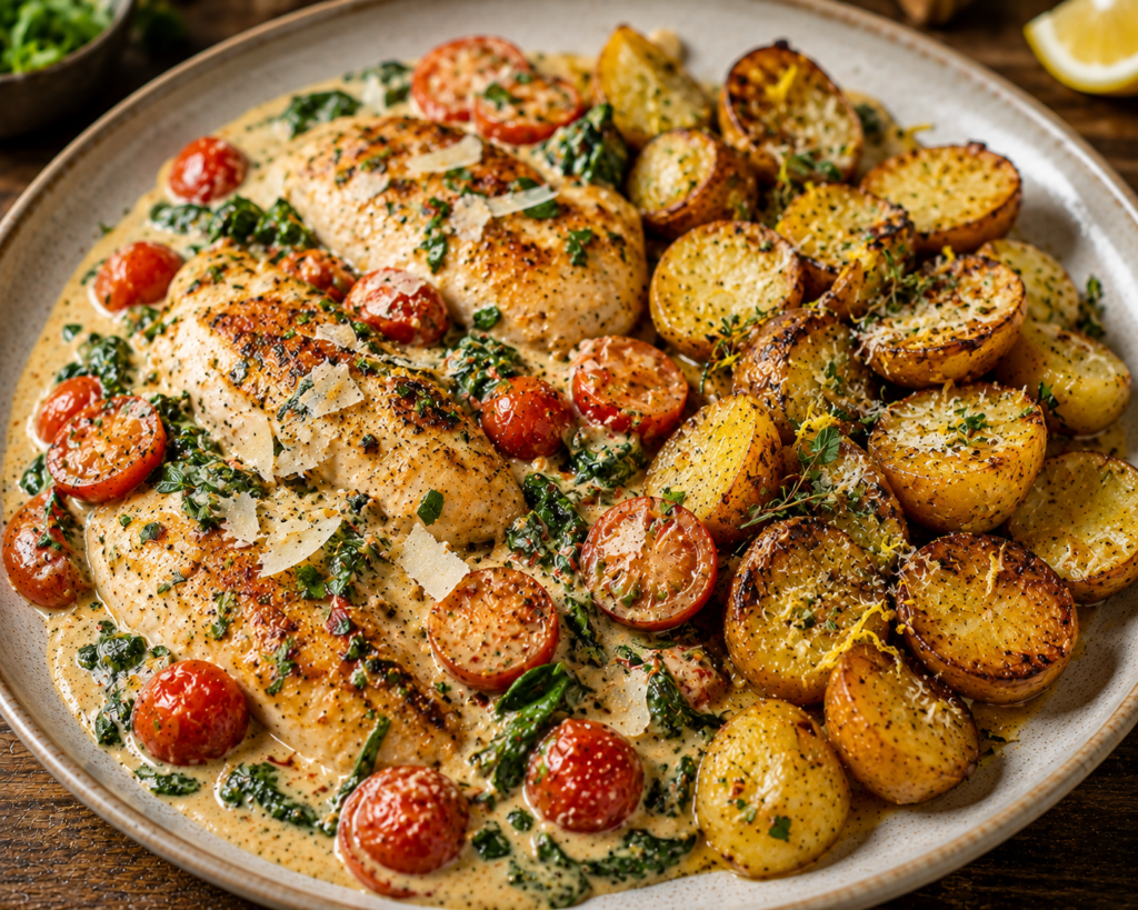 Krämig kyckling med sensommartomater, spenat, parmesan & citronrostad potatis