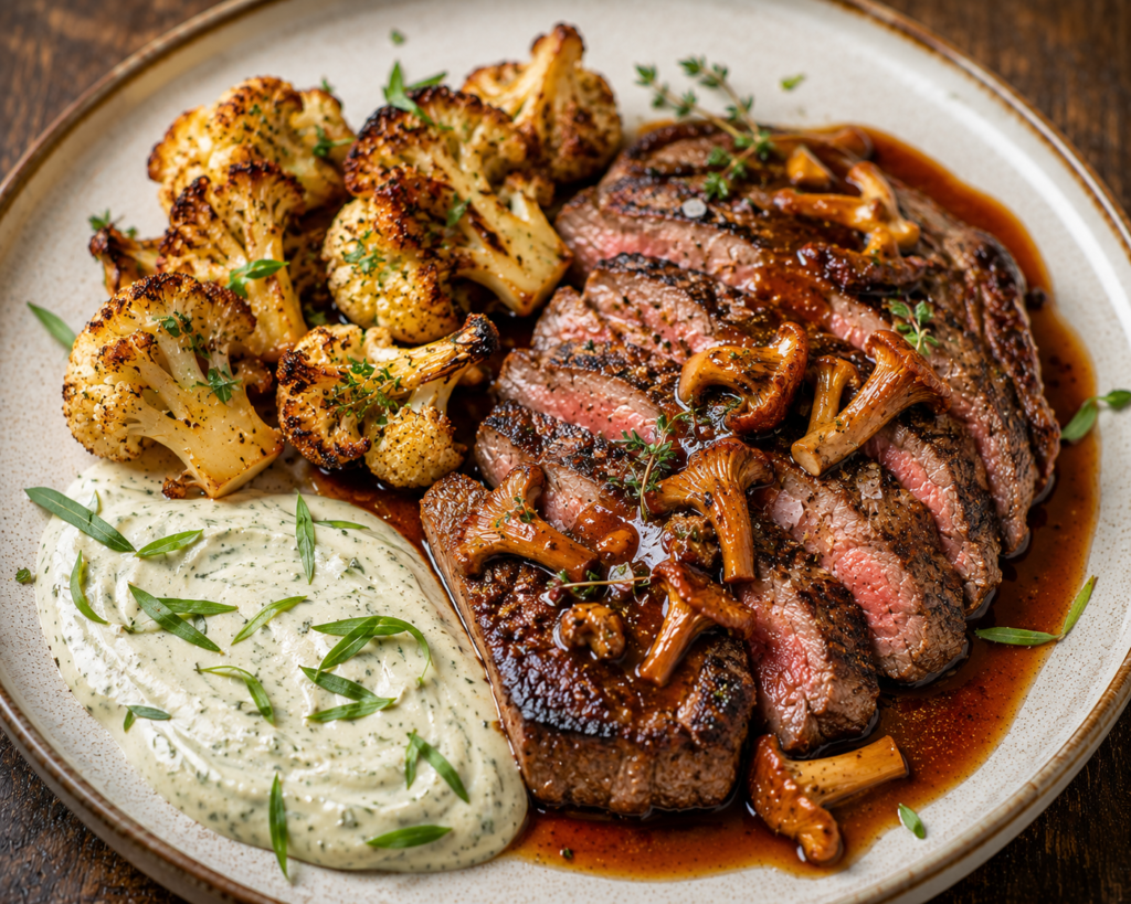 Örtstekt entrecôte med kantareller, rostad blomkål, dragoncrème & rödvinssky