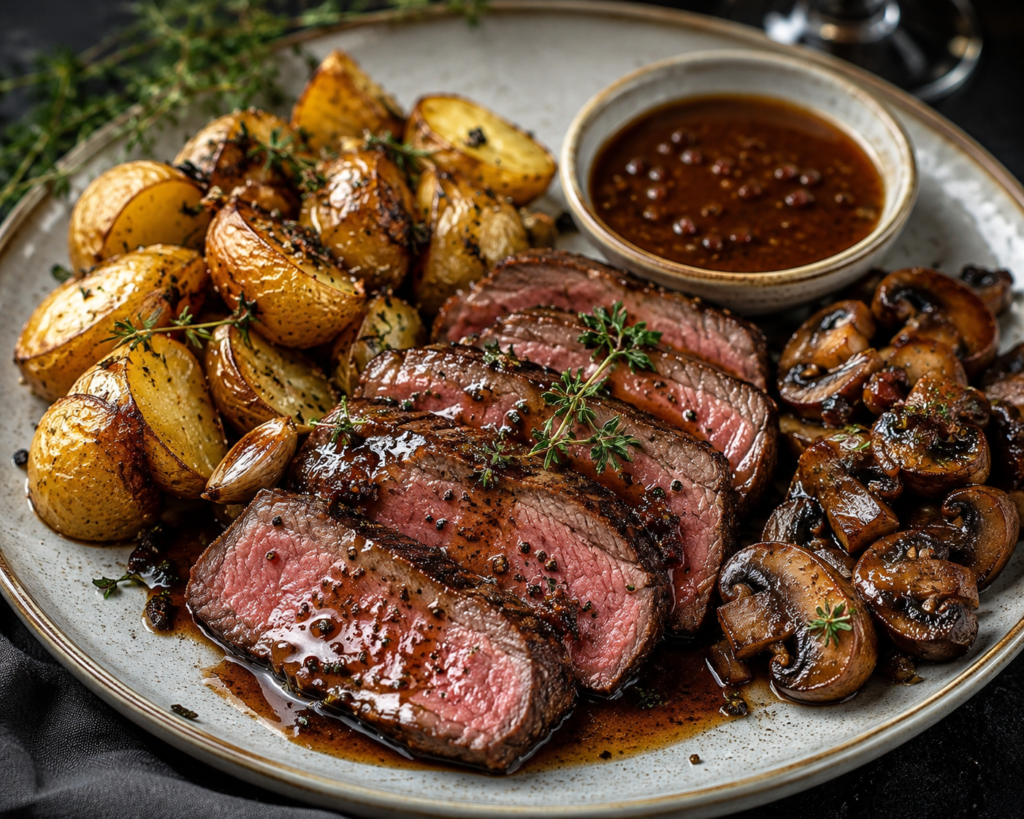 Smörstekt rostbiff med vitlök, timjan, ugnsrostad potatis, champinjoner och rödvinssky