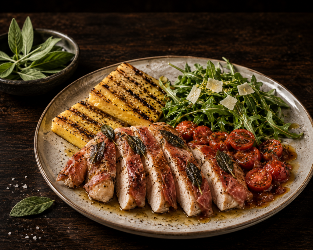 Kyckling Saltimbocca med grillad polenta, tomatsmör och ruccola