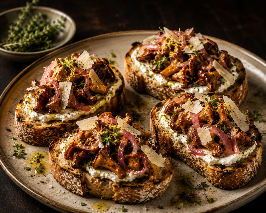 Smörstekta kantareller på grillat surdegsbröd med tryffelfärskost, picklad schalottenlök & hyvlad parmesan
