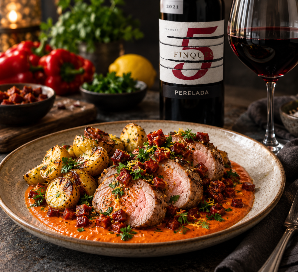 Fläskfilé med rostad paprikasås, krispig chorizo, rostad småpotatis & citron-persiljegremolata