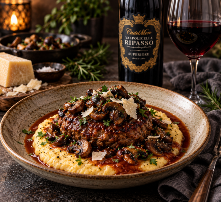 Italienska högrevsbiffar med parmesan, tomat- & rödvinssky, krämig parmesanpolenta & smörstekt svamp