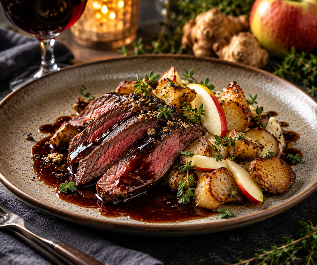 Flankstek med portvinssky, rostad jordärtskocka, äpple & timjan