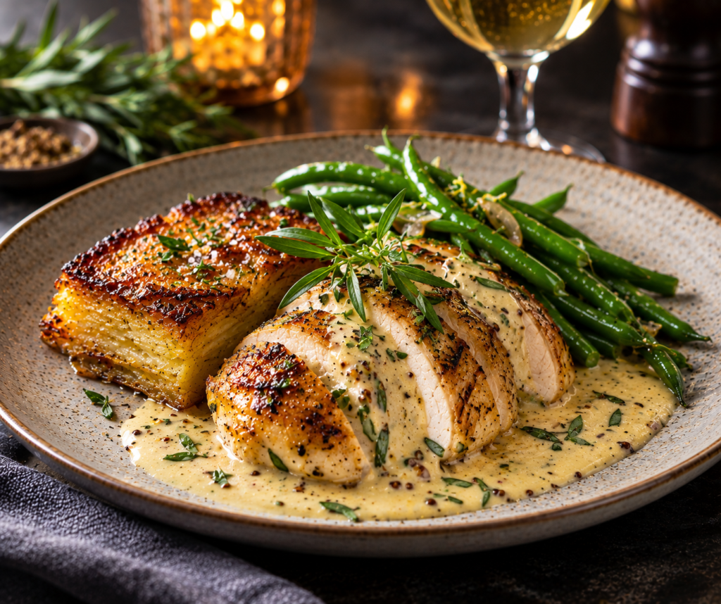 Kyckling med dijon- & dragonsås, frasig potatiskaka & haricots verts