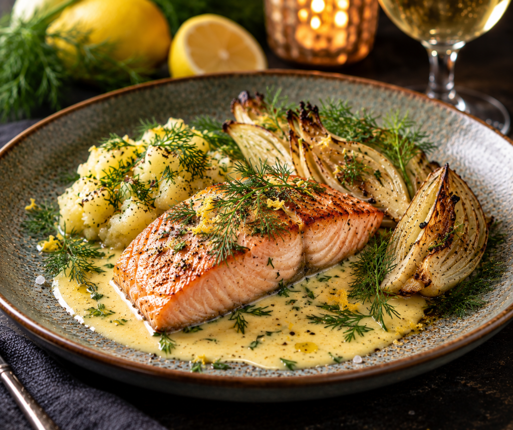 Ugnsbakad lax med beurre blanc, rostad fänkål, dill & pressad potatis